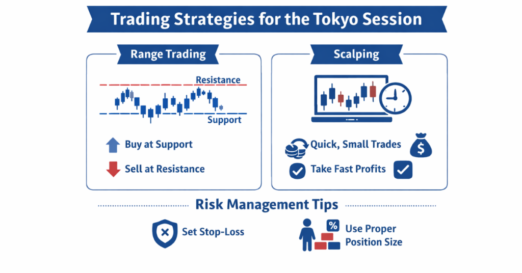 Tokyo session trading strategies and risk management tips infographic