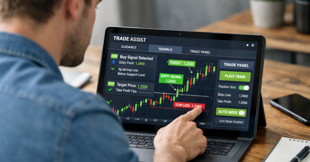 Beginner trader using trade assist software for learning and trading