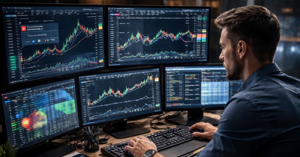 Forex trader using trade assist tools for better market analysis