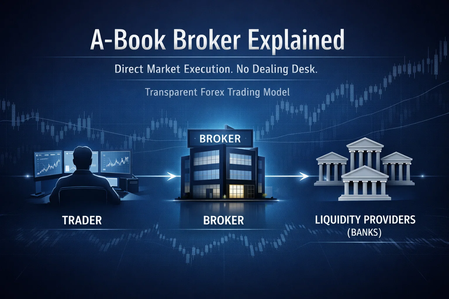 Diagram showing A-Book broker routing trades to liquidity providers instead of trading against clients