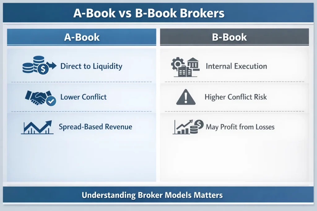 Comparison between A-Book and B-Book forex broker execution models