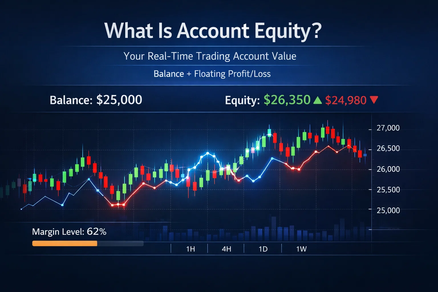 Financial dashboard illustration showing account equity fluctuating with floating profit and loss