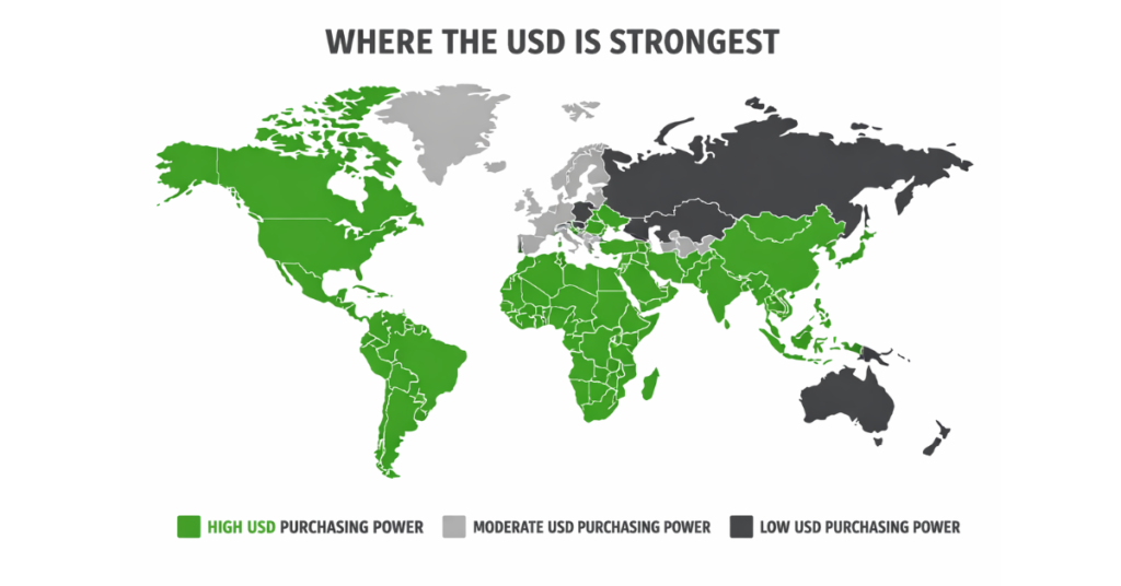 “Map showing countries with best USD exchange rates”

