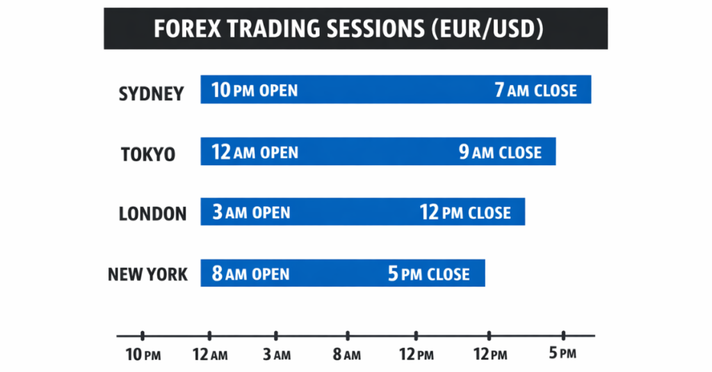 EUR/USD market open times across global sessions
