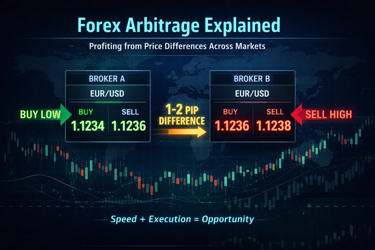 Illustration showing forex arbitrage price difference between two brokers for EUR/USD