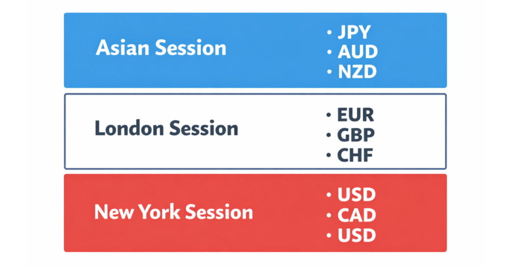 “Forex trading sessions chart showing Asian, London, and New York active currencies”

