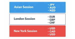 “Forex trading sessions chart showing Asian, London, and New York active currencies”