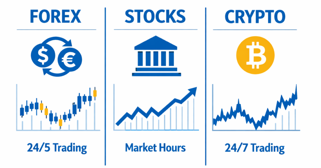 Forex vs Stocks vs Crypto comparison showing trading options and market trends

