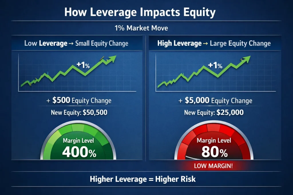 Diagram showing effect of leverage on trading account equity and margin level