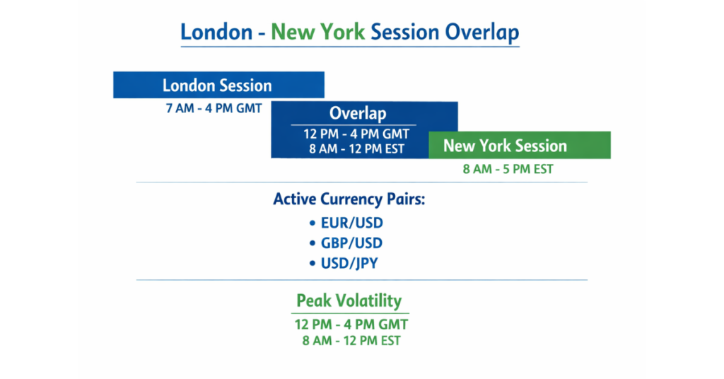 “Forex London–New York overlap showing highest volatility and active currency pairs”


