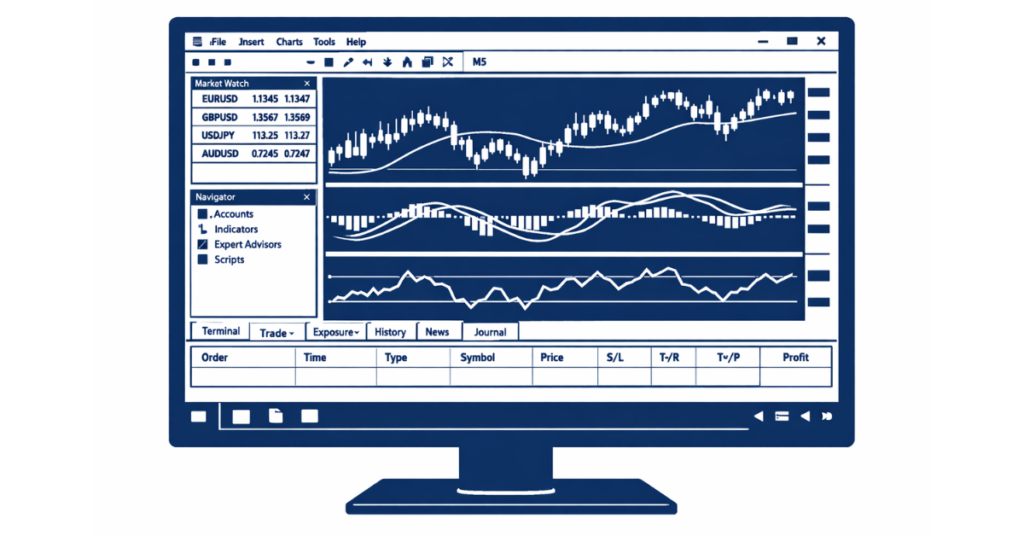 MetaTrader 5 running on Windows with trading charts and indicators