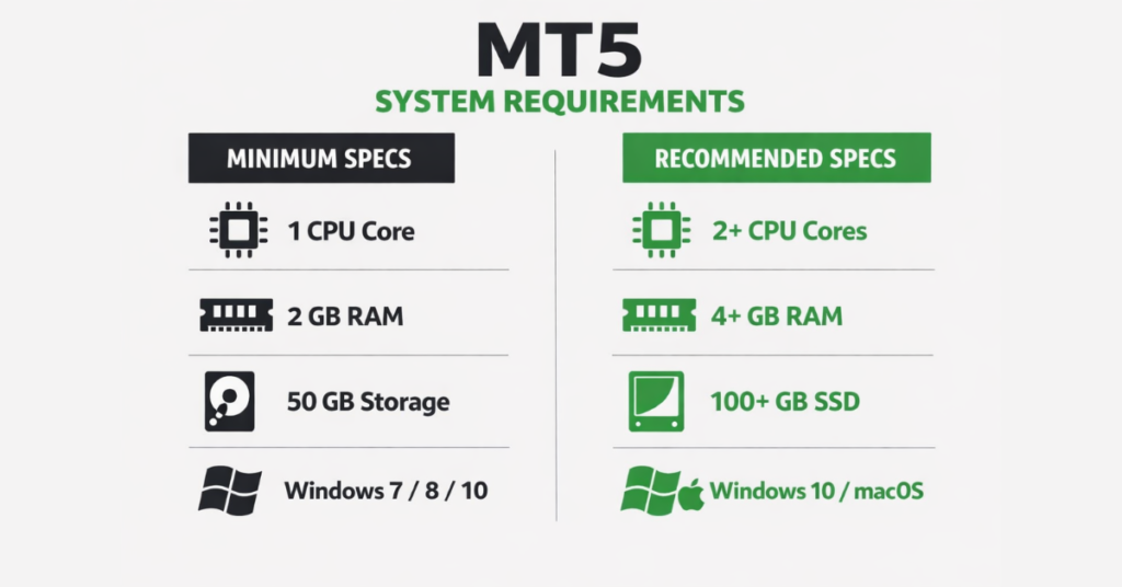 MetaTrader 5 minimum vs recommended system requirements for Windows