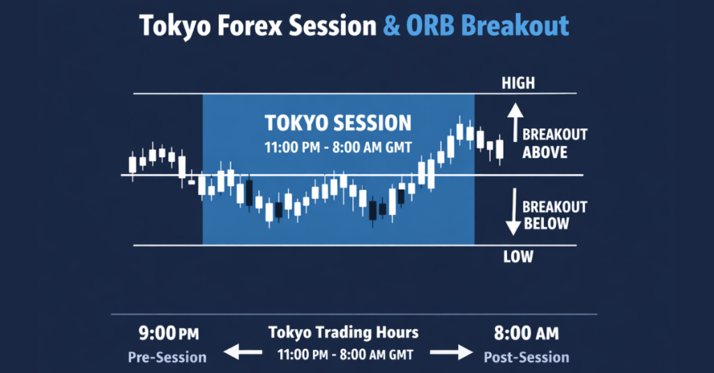 “ORB strategy Tokyo session chart showing breakout lines and trading hours”

