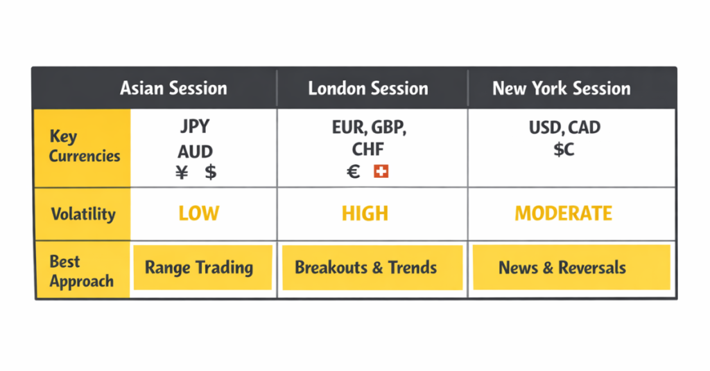“Comparison table of forex sessions showing most active currencies, volatility, and best trading strategies”

