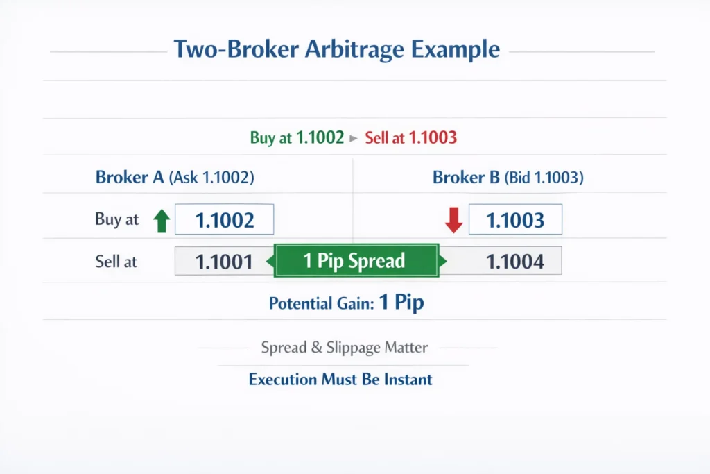 Two broker forex arbitrage example showing 1 pip profit opportunity