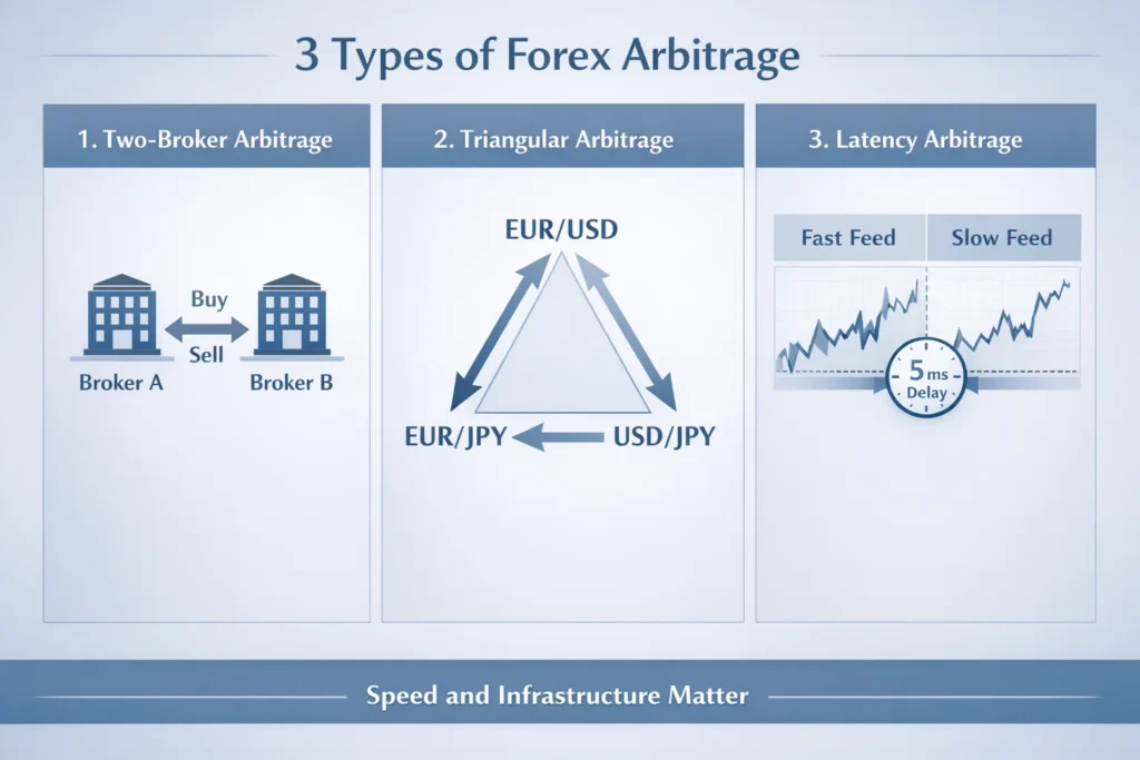 Diagram comparing two broker, triangular, and latency arbitrage strategies in forex