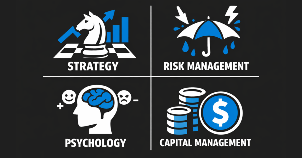 Illustration of the 4 pillars of trading with charts and icons