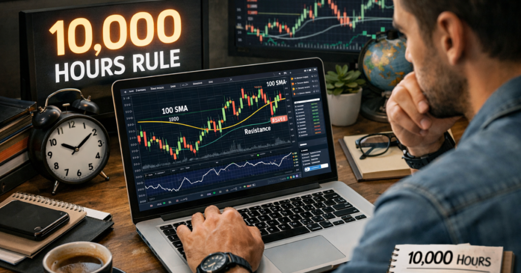 Illustration of a trader analyzing forex charts on a laptop, highlighting the 10000 hour rule concept

