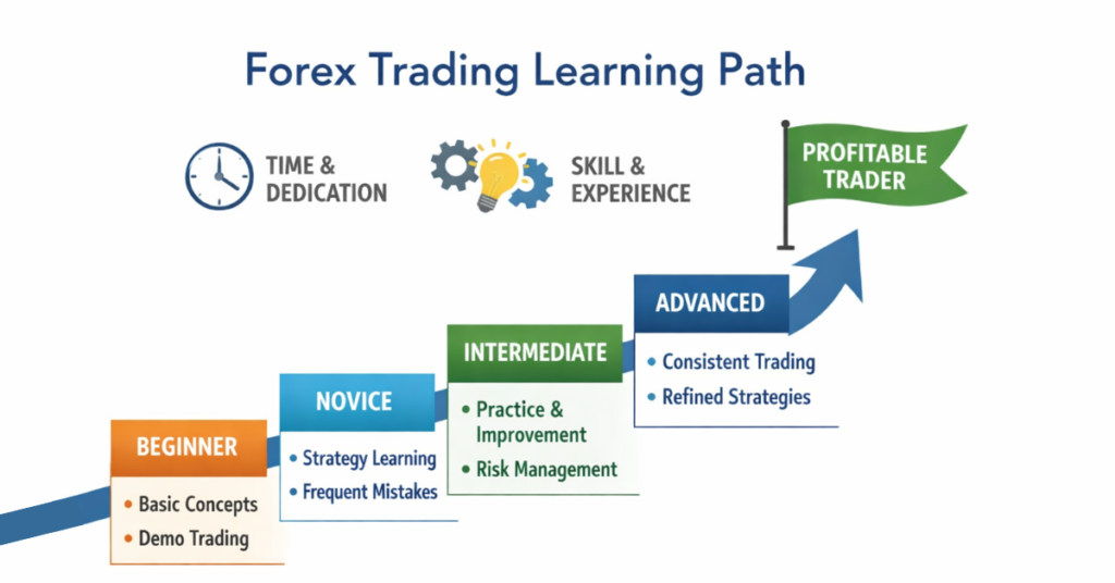 Visual of a forex trading learning curve with beginner, intermediate, and advanced stages

