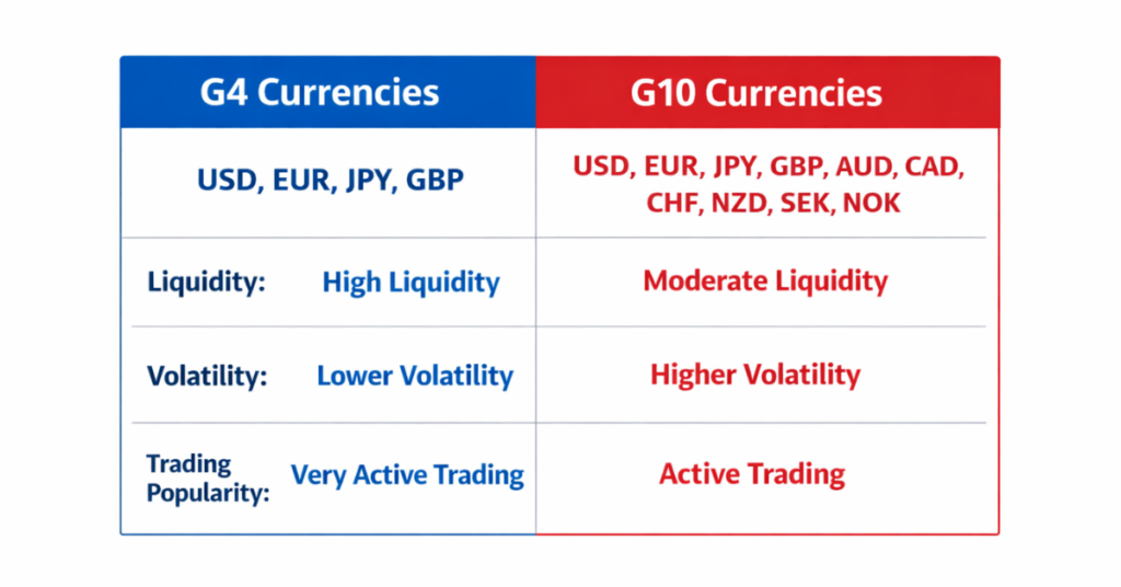 “G4 vs G10 currencies comparison table forex”