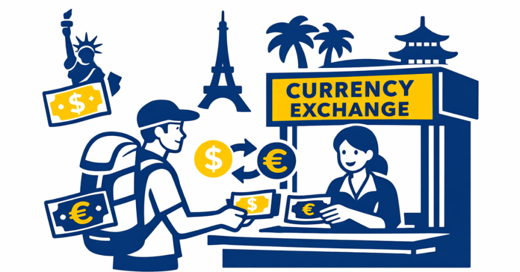 “Traveler using widely accepted currencies for international payments”