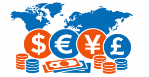 “World map with international currencies like USD, EUR, GBP, JPY”