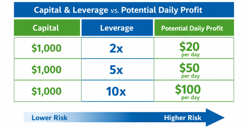 “Capital and leverage impact on daily trading profits”