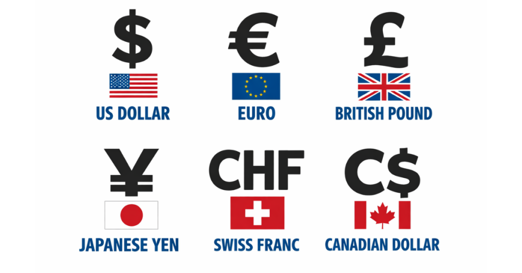 “Major international currencies including USD, EUR, GBP, JPY, CHF”