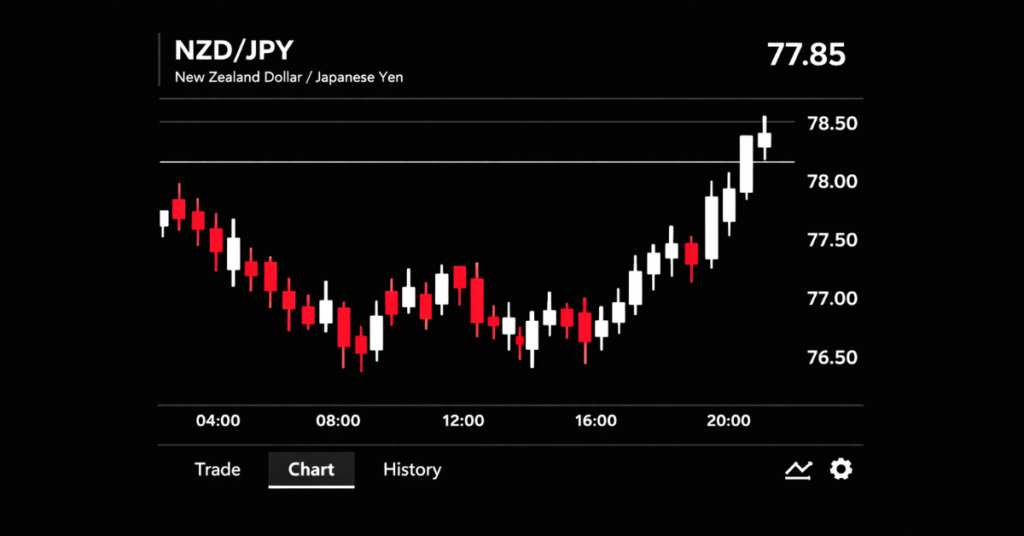 NZD JPY forex trading chart with candlestick analysis on trading platform

