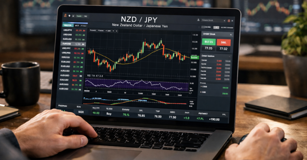 Trader analyzing NZD JPY chart on forex trading platform