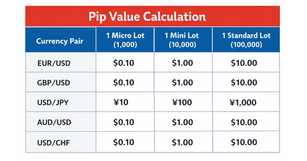 Forex pip value calculation example table