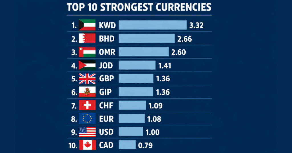 “Chart of top 10 strongest currencies including Kuwaiti Dinar, British Pound, Euro with country flags”