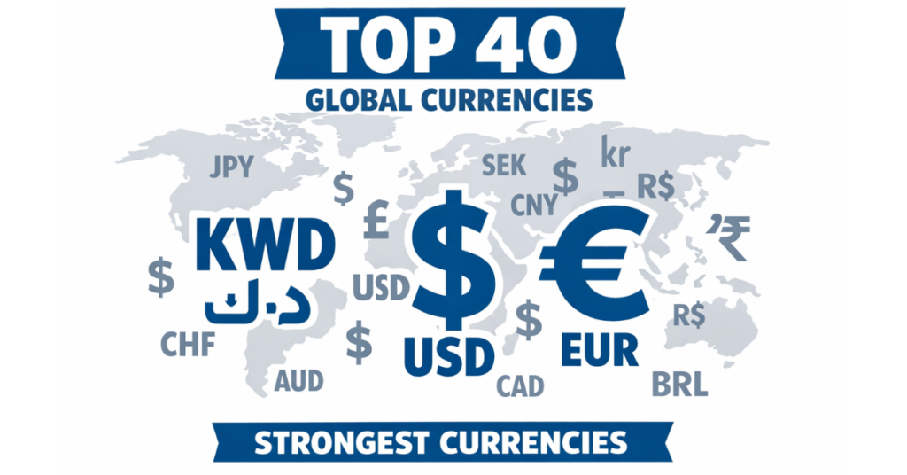 “Illustration of top 40 strongest global currencies including Kuwaiti Dinar, US Dollar, Euro”