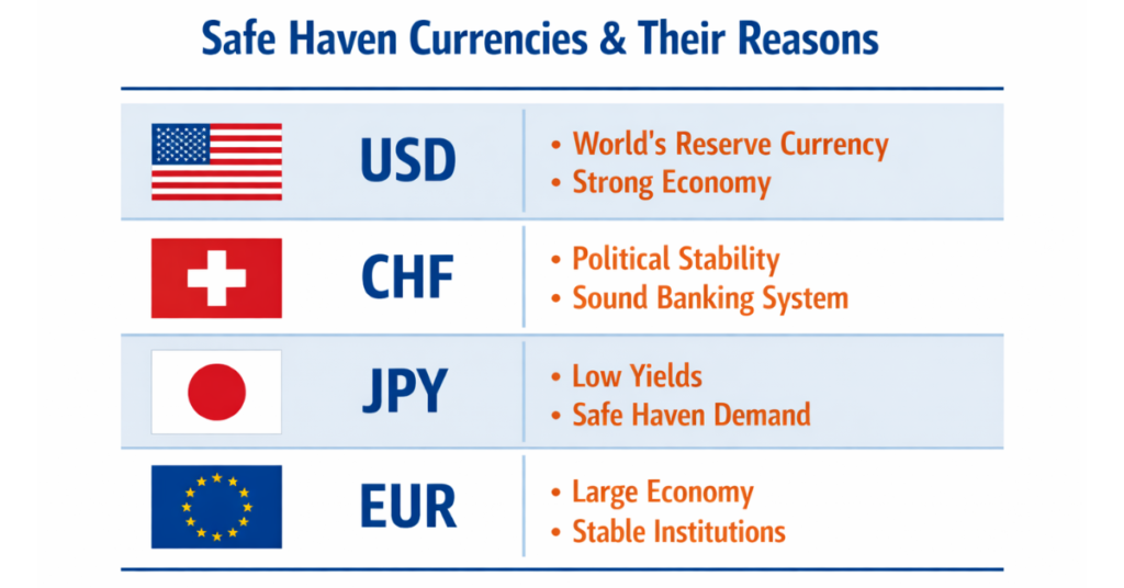 “Top safest currencies 2026 USD CHF JPY EUR GBP table”