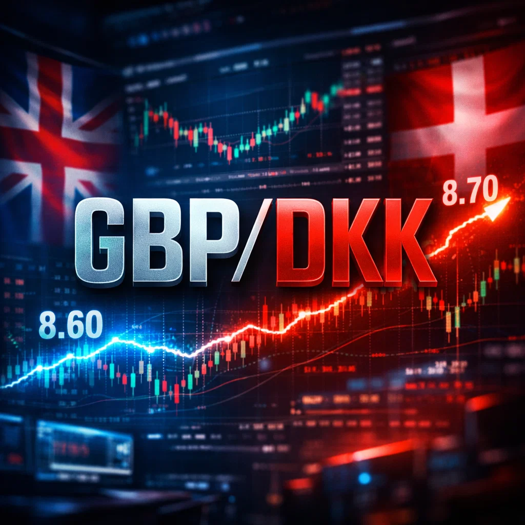 GBP/DKK trading visual showing chart and UK/Danish flags