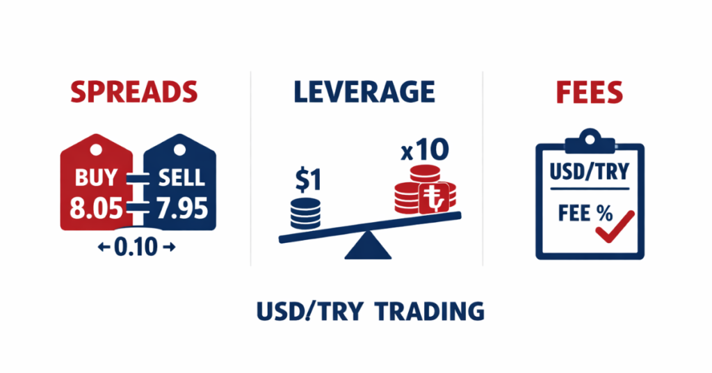 Table showing USD/TRY trading costs and leverage