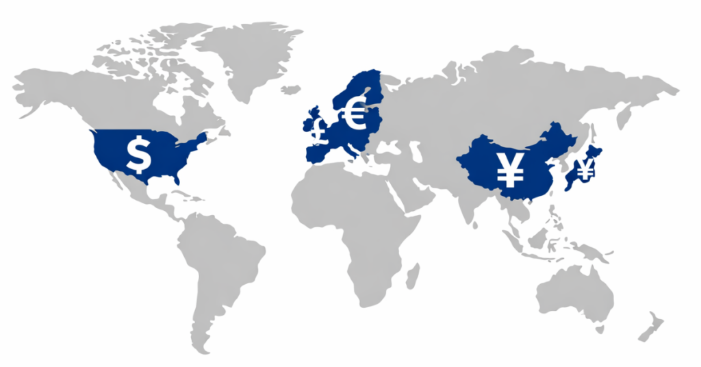 “World map showing most widely accepted currencies USD EUR GBP JPY CNY”