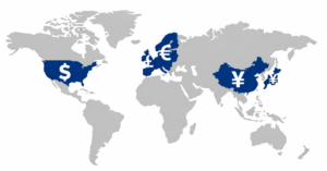 “World map showing most widely accepted currencies USD EUR GBP JPY CNY”