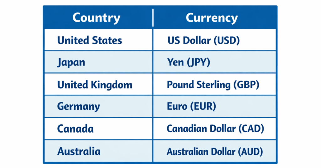 “Table of countries with their official currencies and ISO codes”