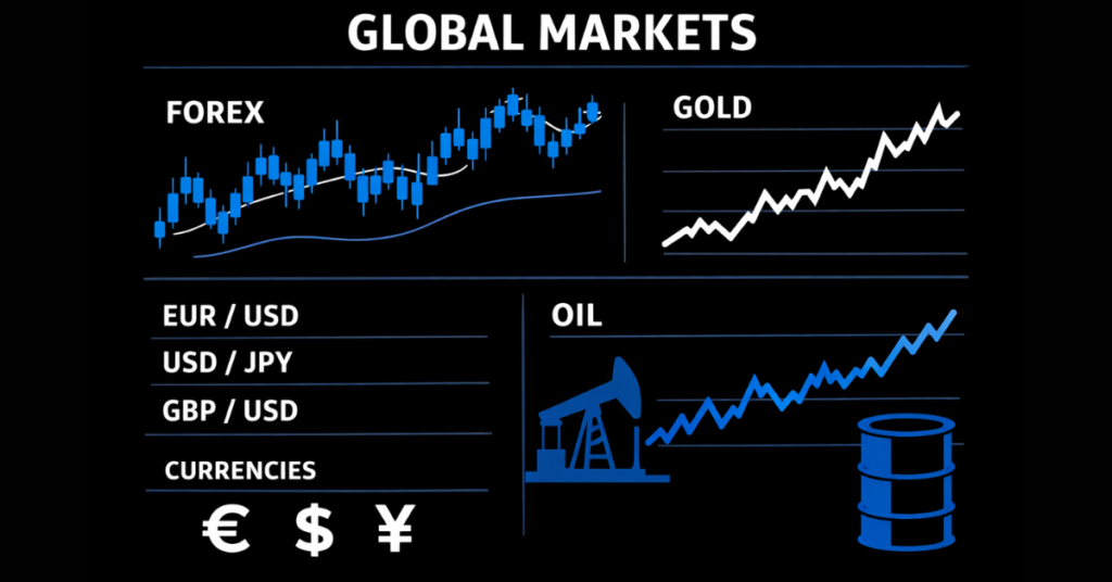 Commodities and currencies global financial market overview chart