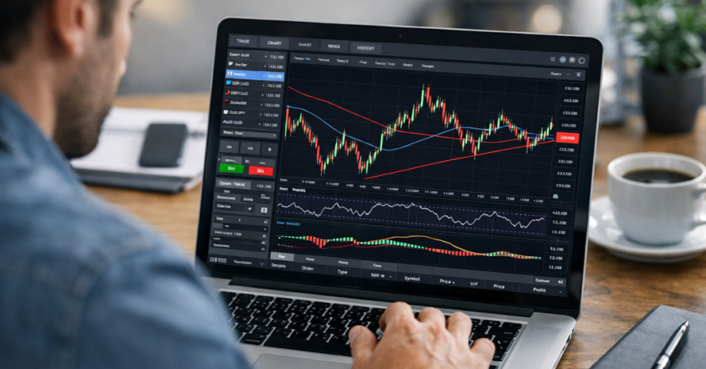 Forex demo trading on laptop with charts and analysis