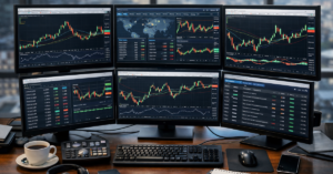 forex trading charts on multiple screens showing market analysis