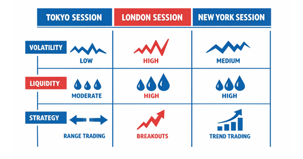 Tokyo session vs London and New York forex trading sessions comparison volatility liquidity chart