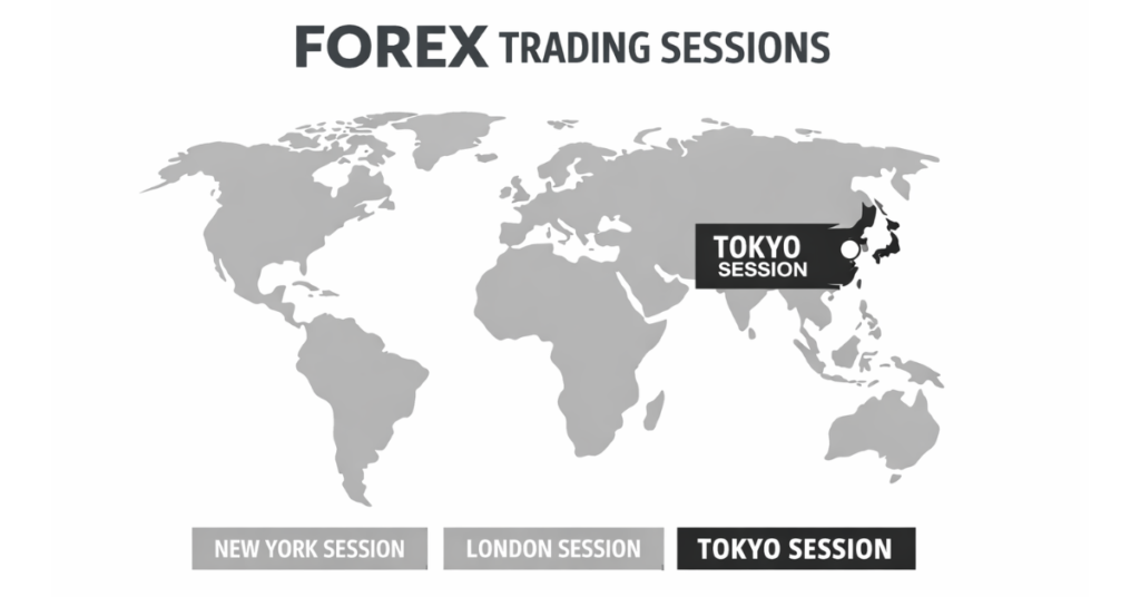 Forex trading sessions map highlighting Tokyo Asian session timing