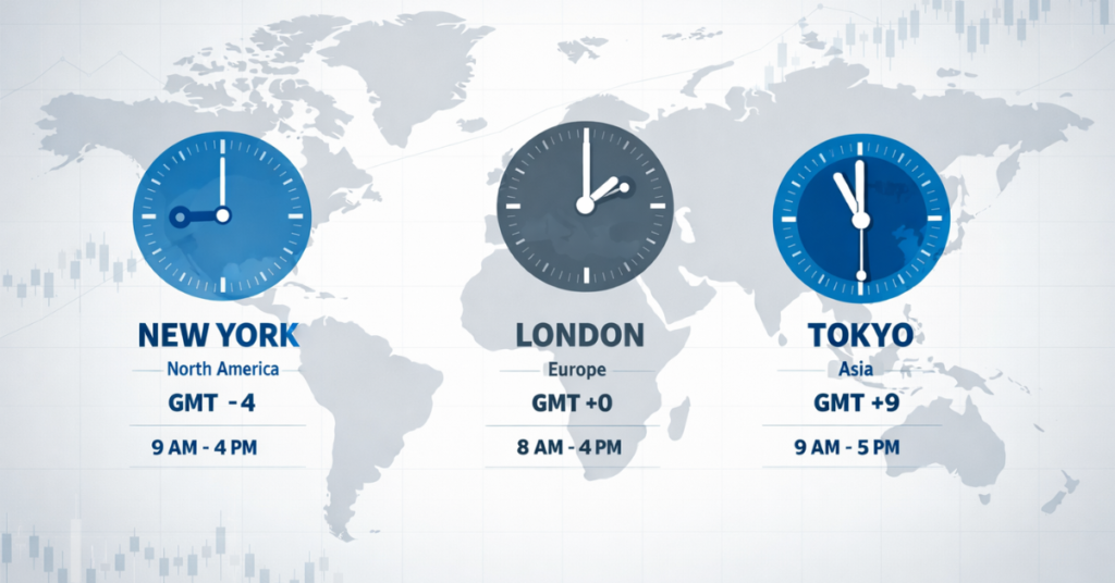 Forex trading sessions comparison showing Asian, London and New York market times