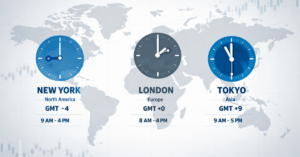 Forex trading sessions comparison showing Asian, London and New York market times
