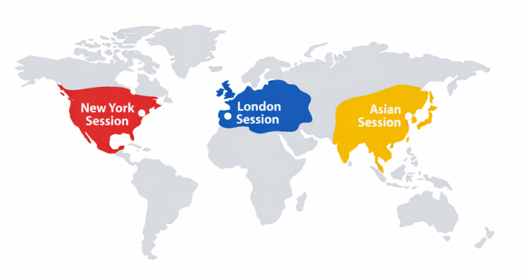 Forex trading sessions and market activity map showing volatility timing