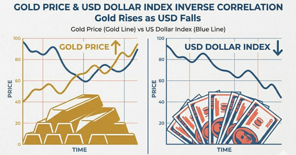 Chart showing inverse relationship between gold prices and US dollar strength