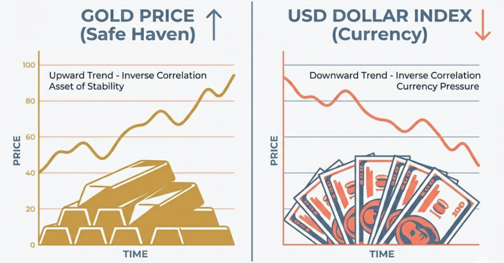 Gold price and US dollar inverse relationship showing gold rising when USD weakens