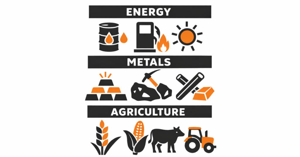 List of major commodities including gold oil silver and agricultural products